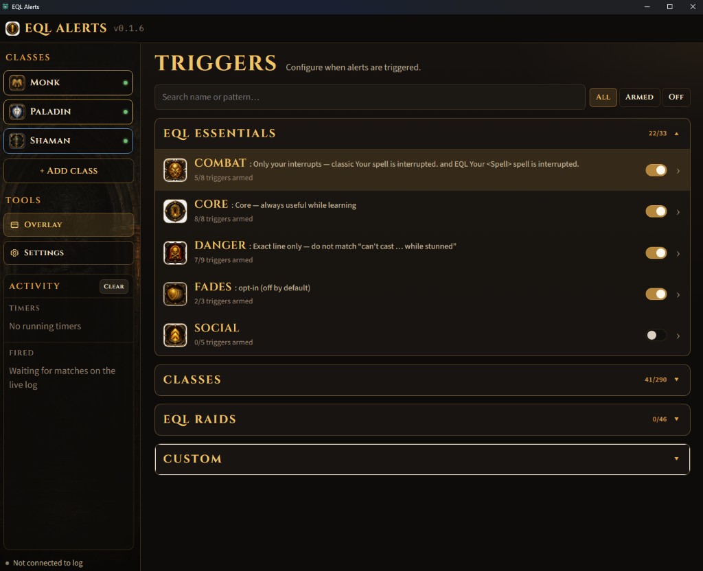 EverQuest Legends log trigger app main window with class chips and trigger groups